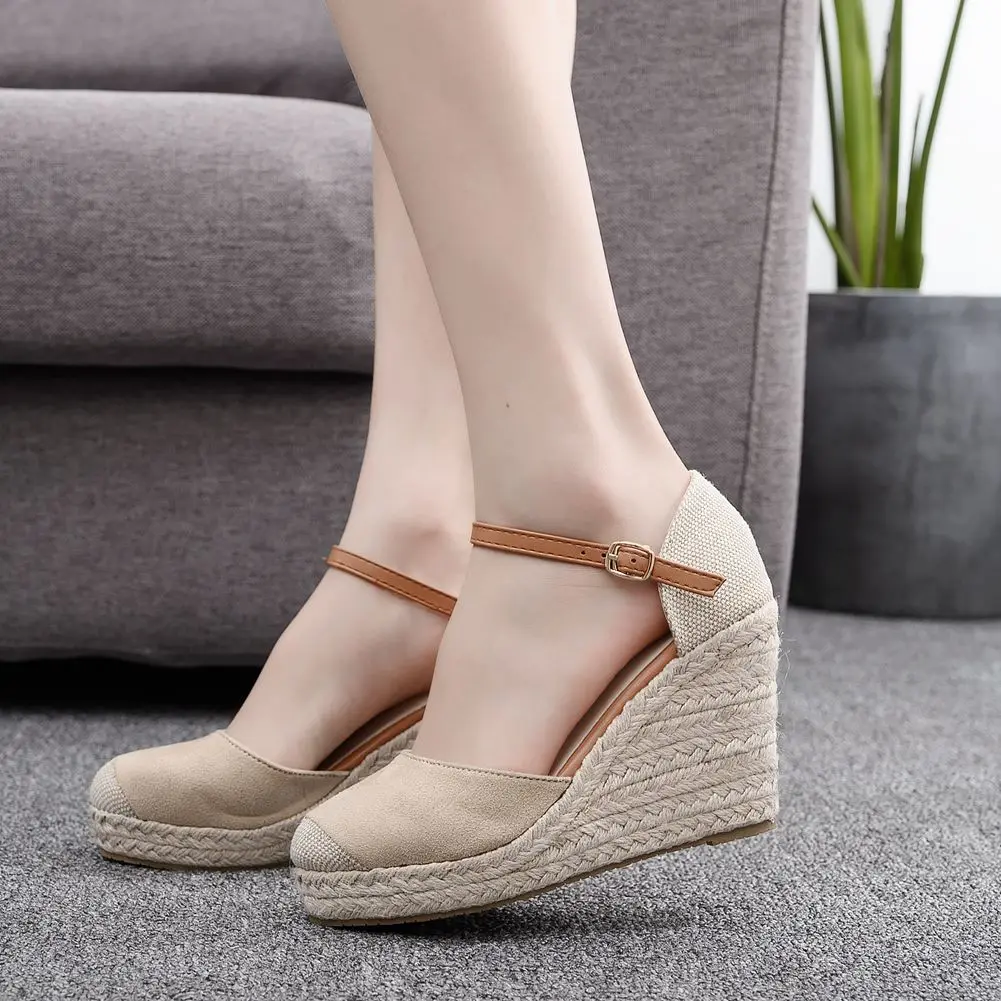 2024 ใหม่ 9 ซม.ผู้หญิง WEDGE รองเท้าส้นสูง Mary Jane ส้นรองเท้าแตะรอบ Toe รองเท้าสีดํา Beige แฟชั่นส้นสุภาพสตรีปั๊ม