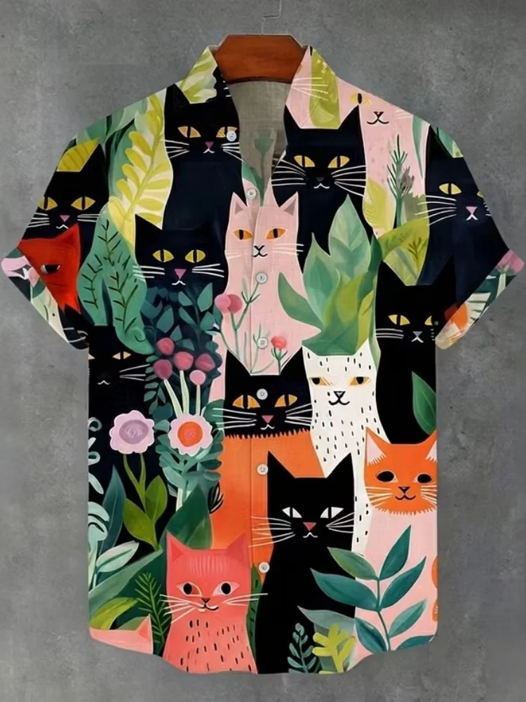 Men's shirt summer short sleeved lapel shirt contrasting color splicing creative peek at black cat print loose casual shirt