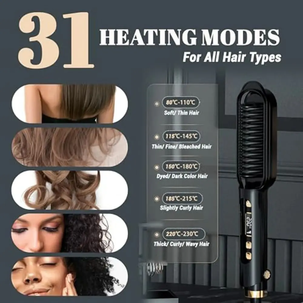 Anti Scald Electric Hair Straightening Comb 2 in 1 LED Digital Display Portable Hair Straightener Detangling Fast Heating
