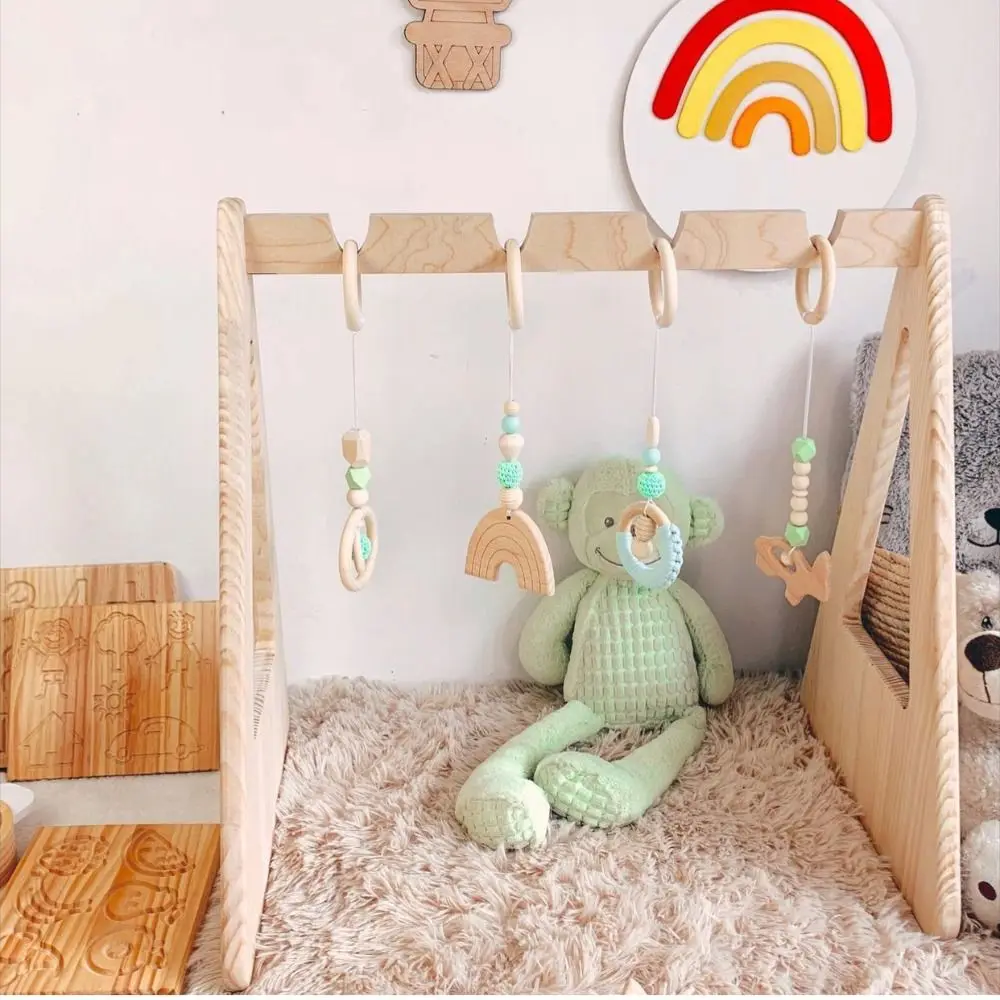 Leuke zintuiglijke houten beuken activiteit sportschool frame gehaakte kraal baby gym speelgoed speelframe ring-trek speelgoed konijn baby/peuter