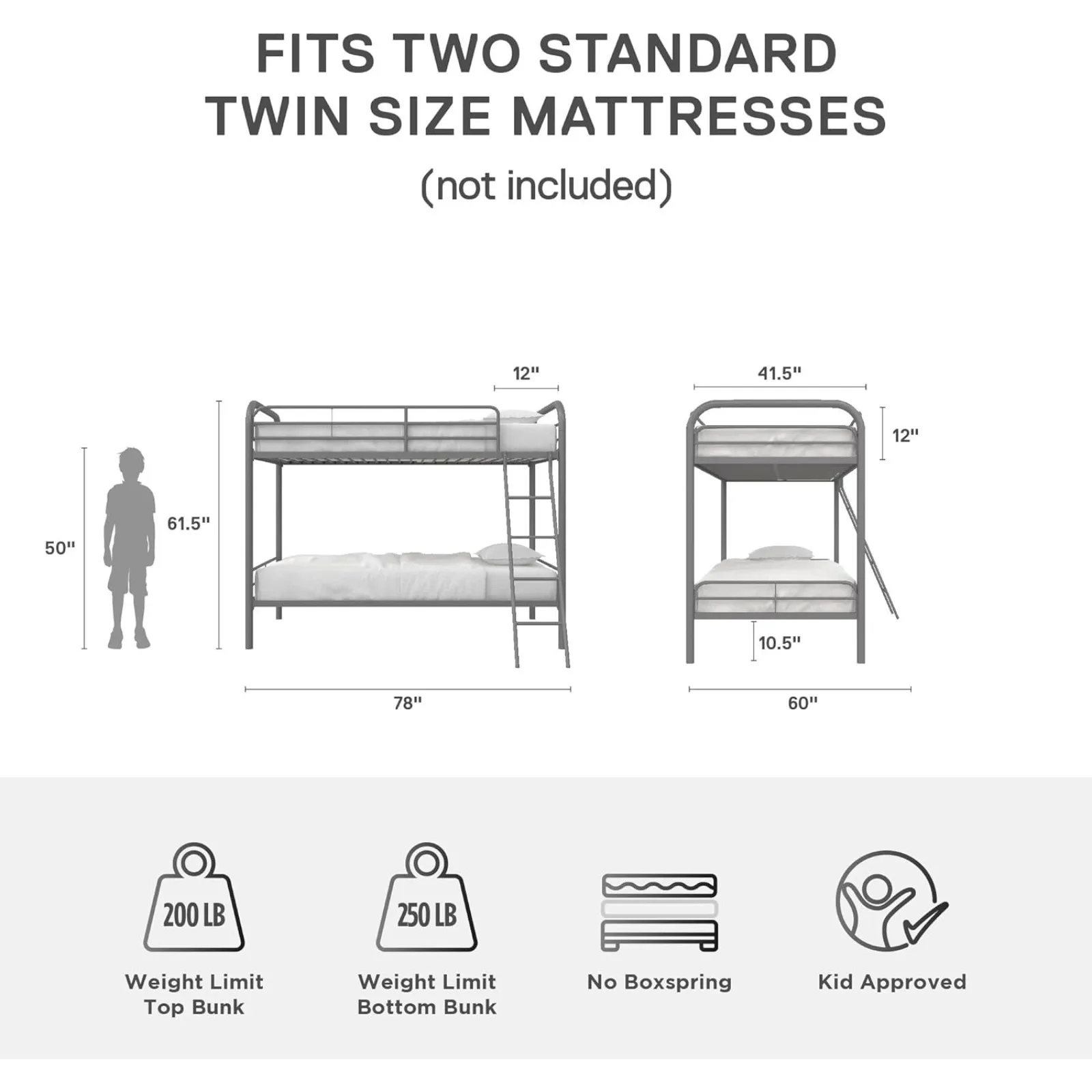 US Dusty Metal Bunk Bed Frame for Kids, Teens, and Adults, With Angled Ladder, High Full Length Guardrail, Smooth Rounded Edges