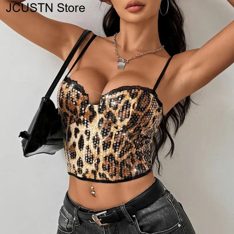 Sexy Lace Corset Crop Top Glitter Sequin Vest Cami Leopard and Snake Print Leopard Tank Tube Top Camisas Women Clothes