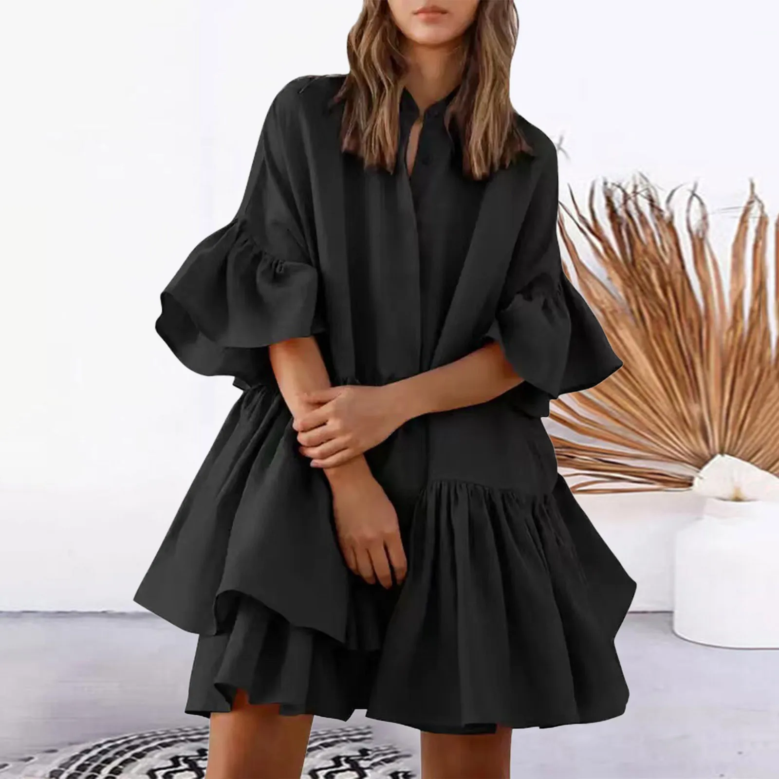 Ruffle Dress Women Long Sleeve V Neck Tie Front Elastic Waist Tiered Layer Dresses Elegant Loose Oversied Party Sundress Vestido