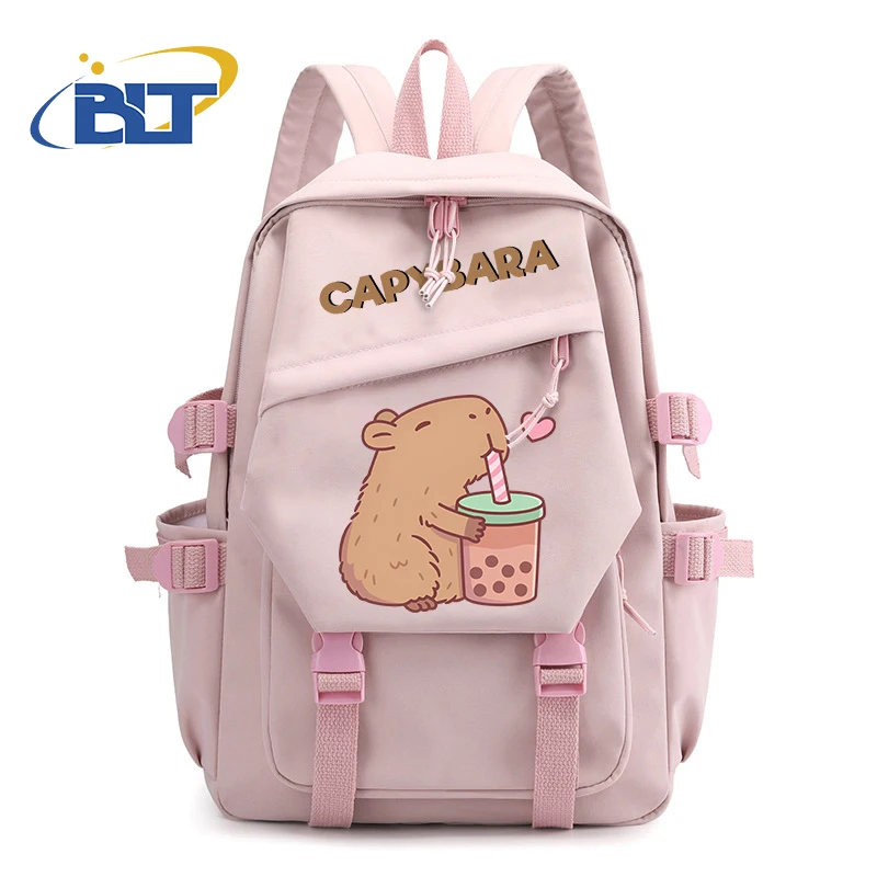 Cute Animal Capybara Printed Student Backpack Pink Girls Backpack Kids Gift