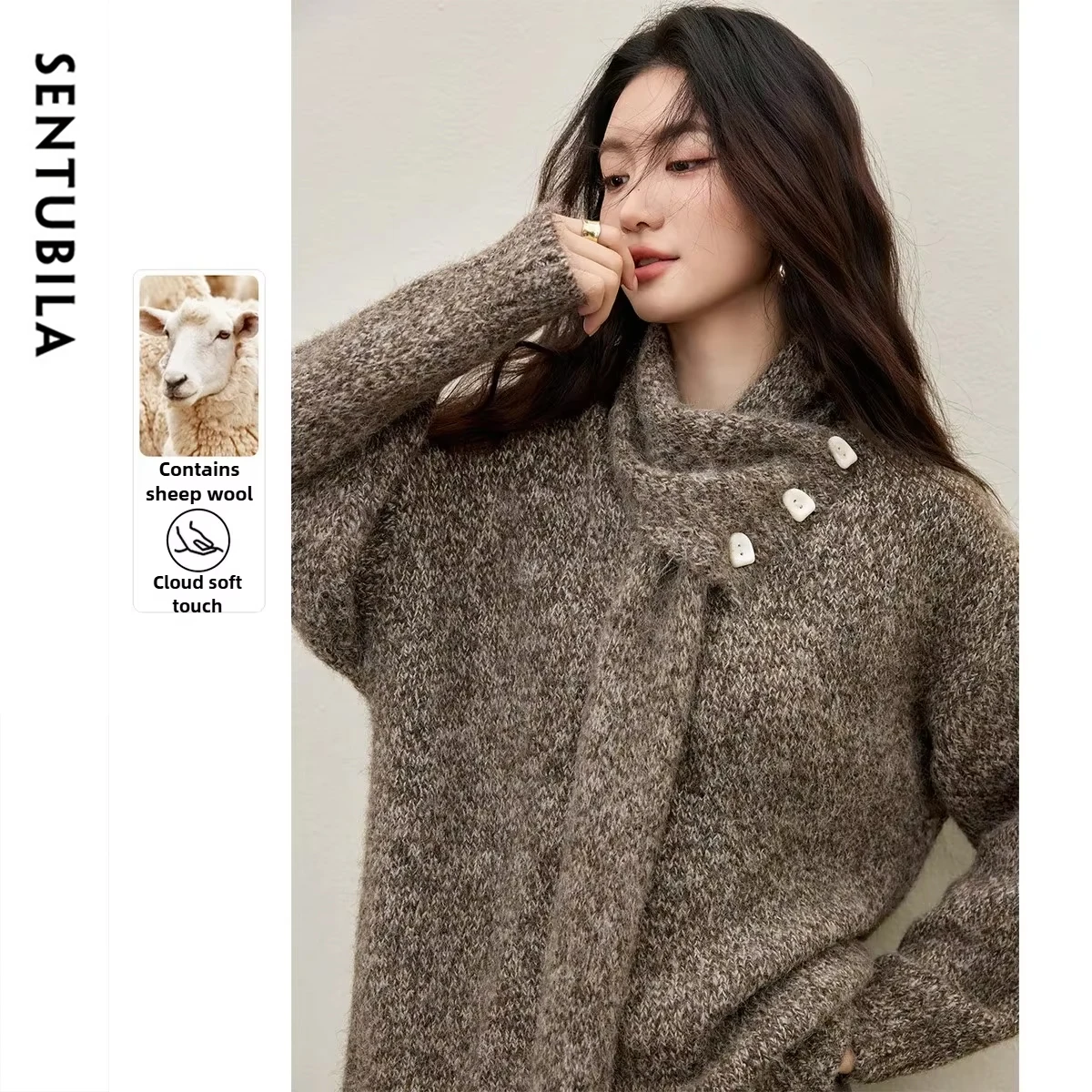 

SENTUBILA Pullover Knitted Sweaters Women 2025 Winter Soft Knit Top With Removable Scarf Neck Comfortable Thick Warm W54EG4829
