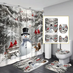 Christmas snowman squirrel 1/4PC shower curtain set waterproof shower curtain and waterproof non-slip carpet,12 hooks included