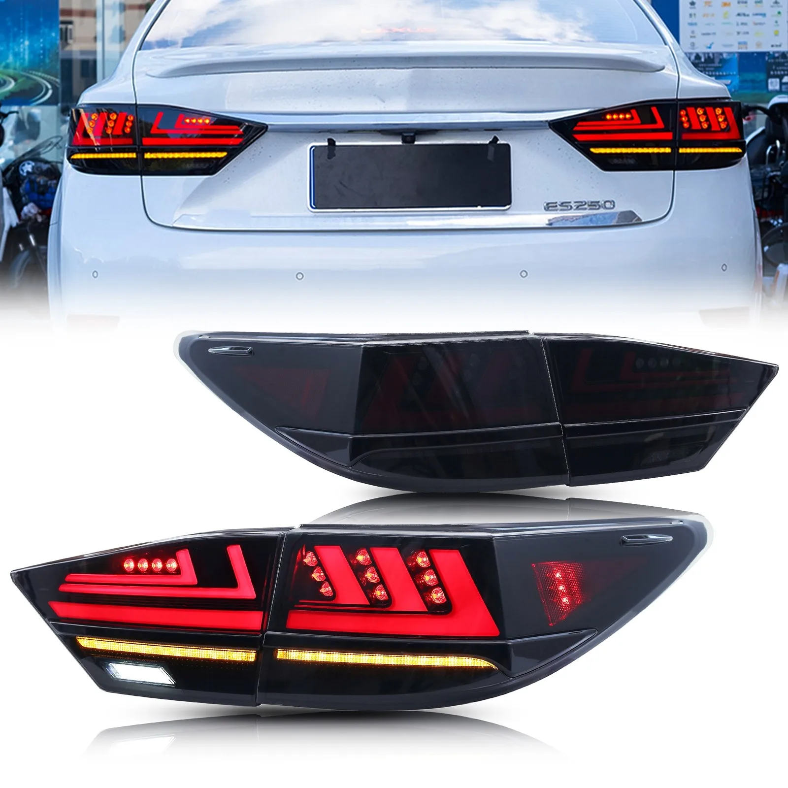 

1Pair LED Black Tail Lights for Lexus ES350 ES300h 2013-2017 Animation Sequential Turn Signal Trunk Rear Brake Lamps