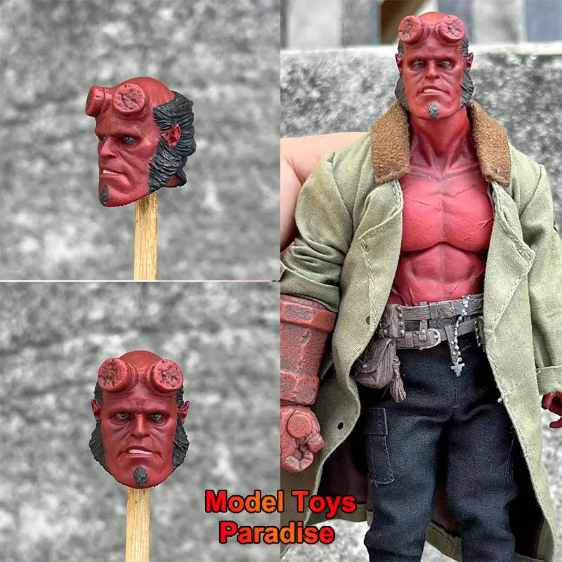 1/12 Scale Hellboy Head Sculpt Red Super Hero Men Soldier Head Carving Fit 6inch Mezco Action Figure Body