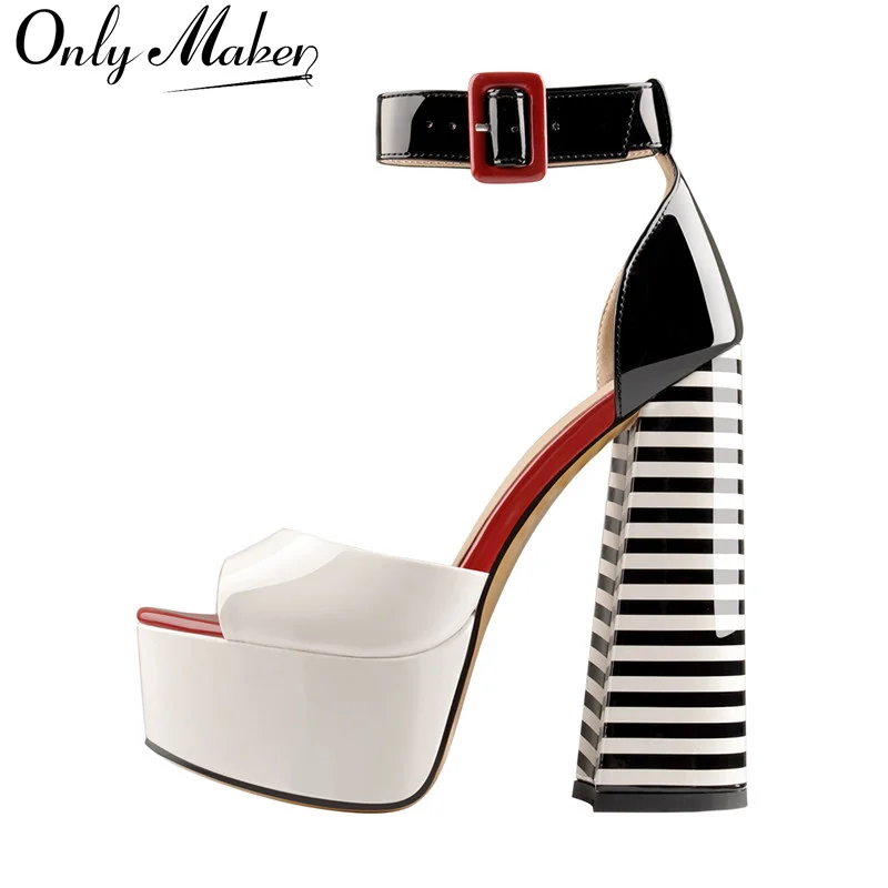 

Onlymaker Women Platform Square Heels Round Peep Toe Black And White Stripes Party Sexy Ankle Strap Summer Sandals