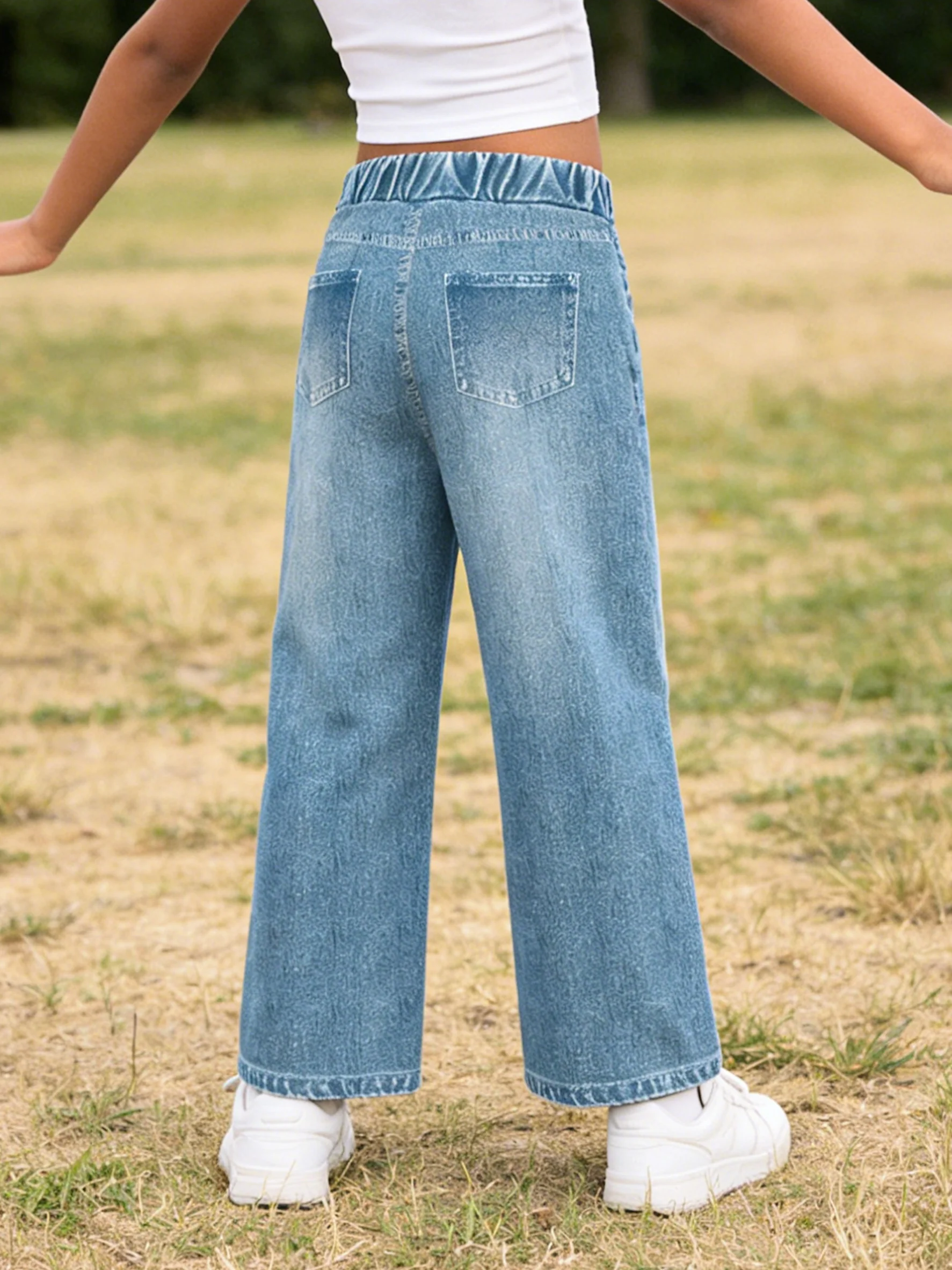 2026 children's light blue simulated denim wide-leg pants old and ripped holes sweet and cool vitality girly style