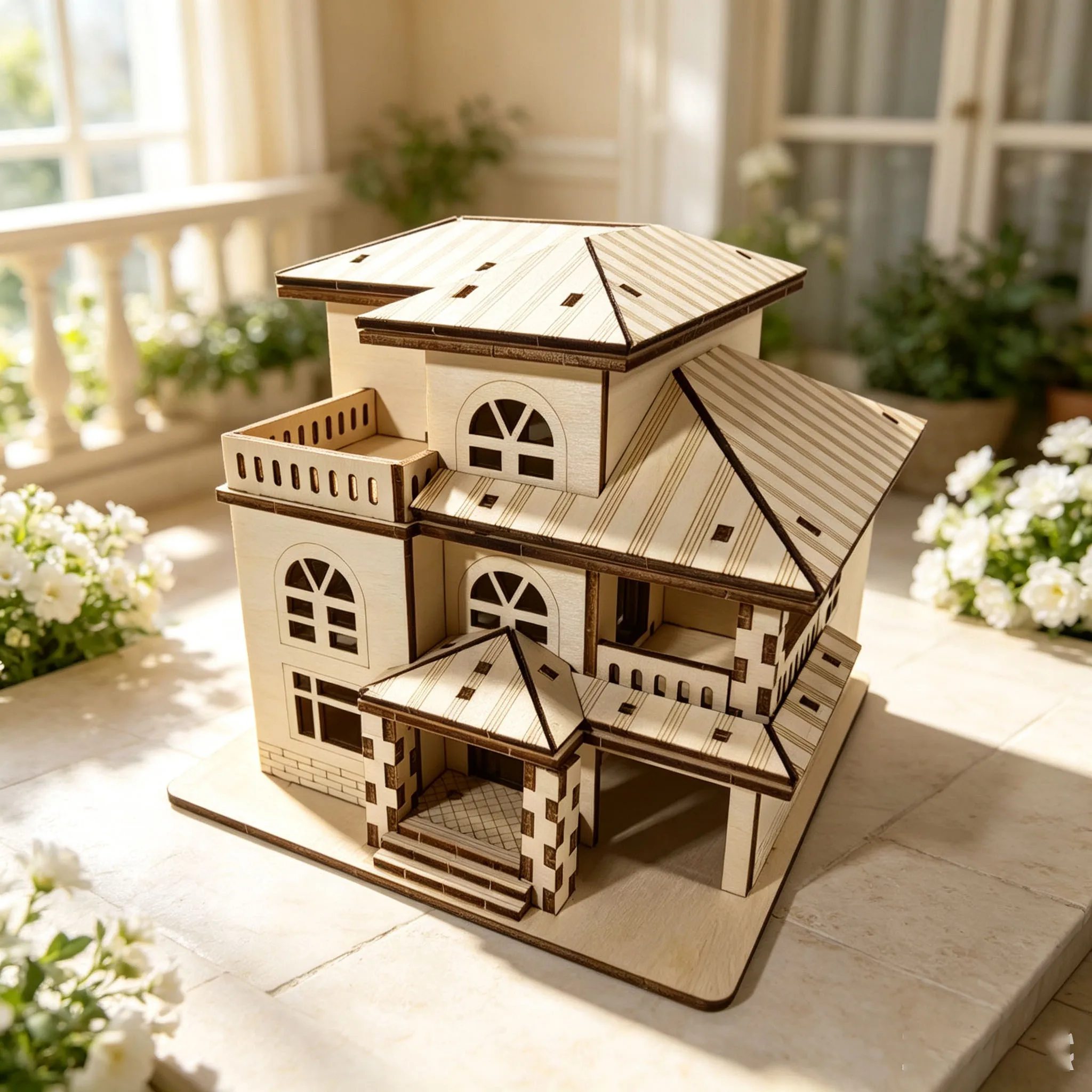 3D Wooden Villa Jigsaw Puzzle – European-style Two-Storey Building Model – Handmade DIY Construction Toy – Tabletop Decorations