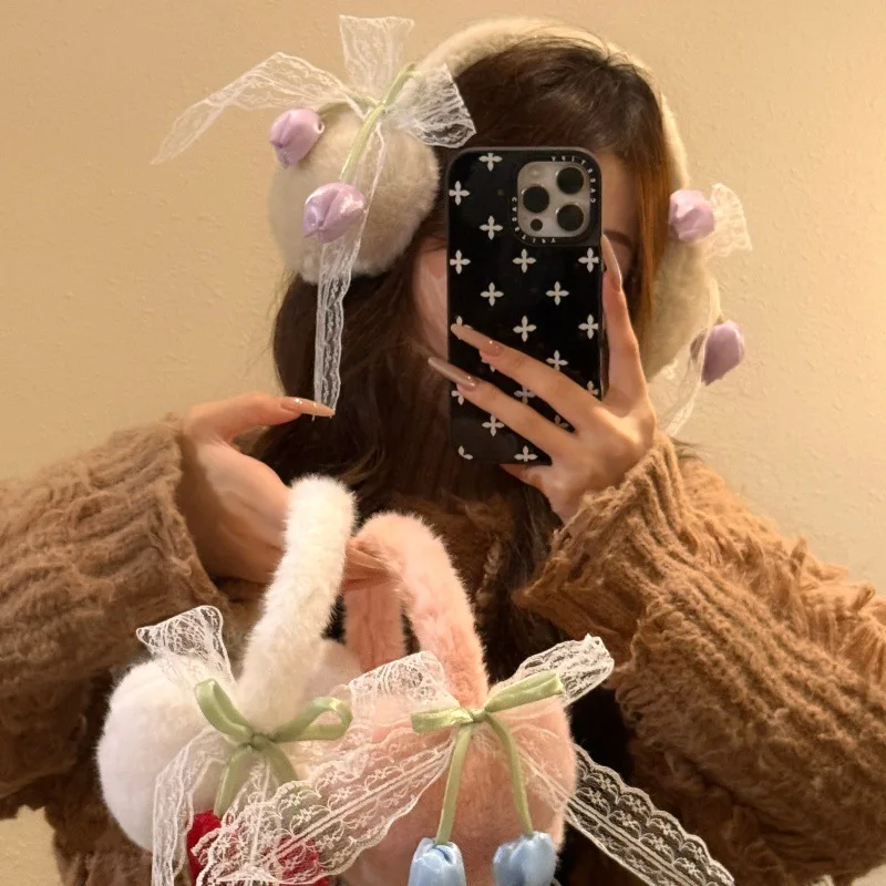 غطاء للأذنين للسيدات لطيف القوس توليب الحلو Kawaii Verstaile الشتاء أفخم سميكة الدافئة عالية الجودة الفاخرة العلامة التجارية سدادات حماية الأذن غطاء للأذنين #1