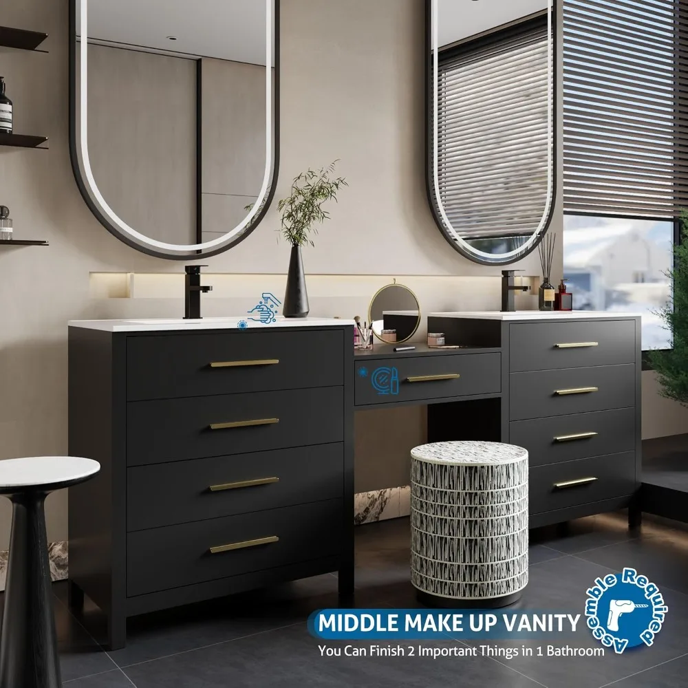 84" Bathroom Vanity with Sink Combo, Modern Painted Vanities Cabinet with Middle Makeup Vanity Desk, 5 Drawers