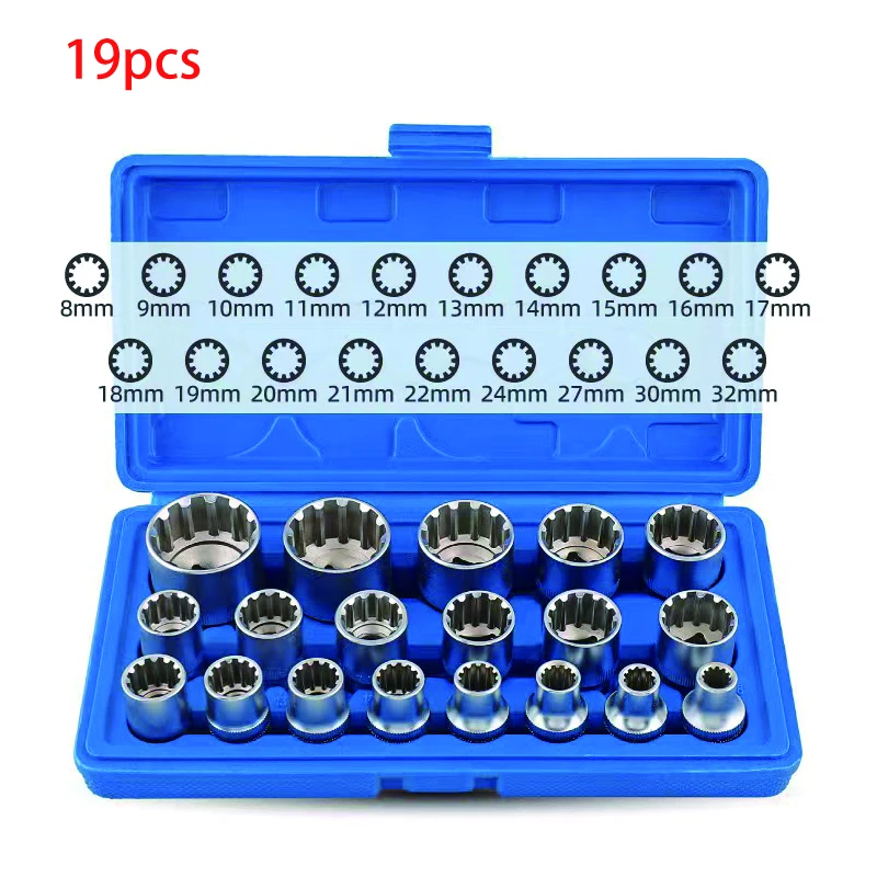 19Pcs 12 Point Torx Socket Wrench Set Lock Socket Crv Hex Torx Splined Bit Socket Set Hex Socket Repair Tool Kit M8-M32