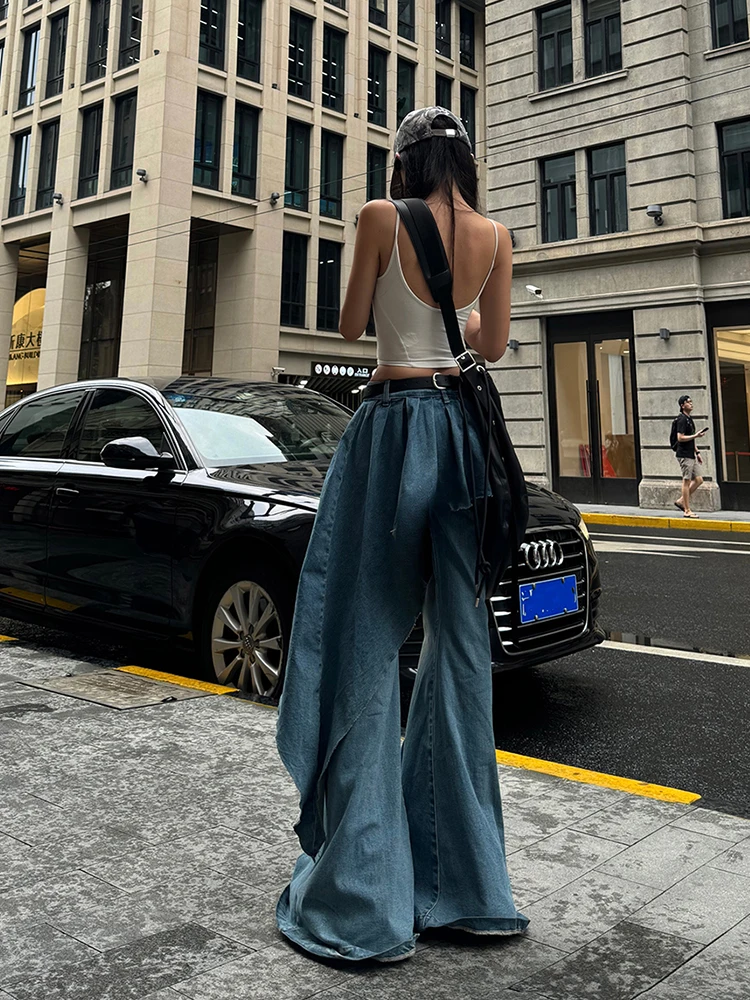 REDDACHiC Y2k Denim Skirt Overlay Bootcut Pants Women Asymmetrical Trailing Wide Leg Tall Girls Flare Jeans Vintage Streetwear