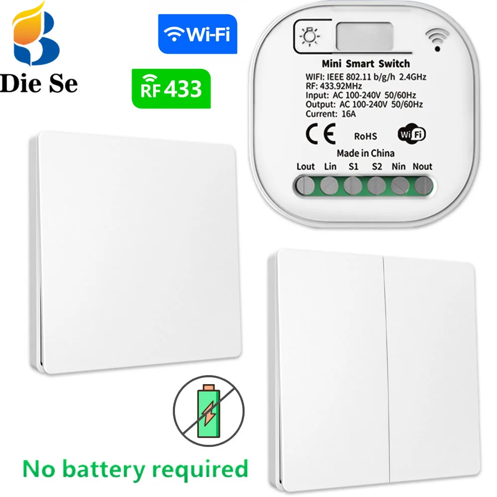 Wifi Rf Smart Light Kinetic Switch 433mhz Self Power Switch Tuya Rocker Switch No Battery Need AC 220V 16A Receiver,for Alexa