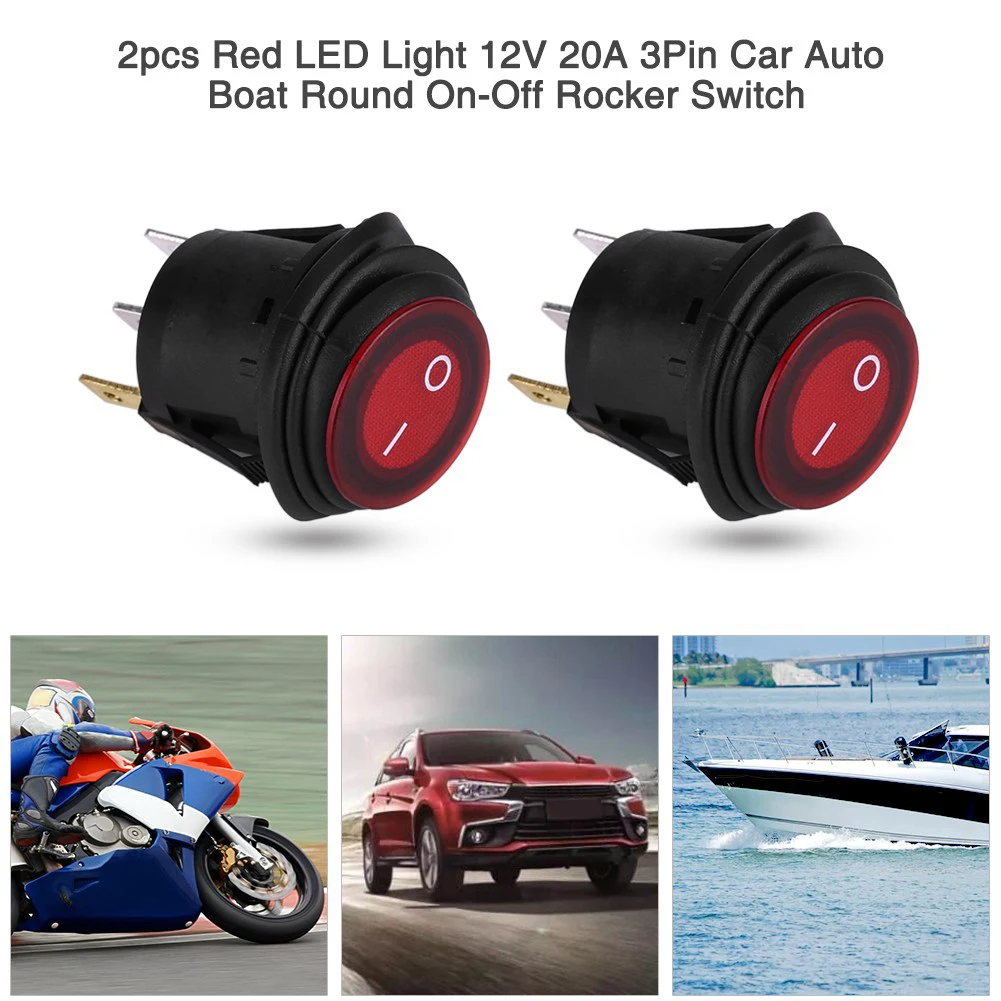 2Pcs 3Pin Round Rocker Switch Red LED Light Waterproof 12V/24V 20A On Off Toggle Switch for Car Auto Boat