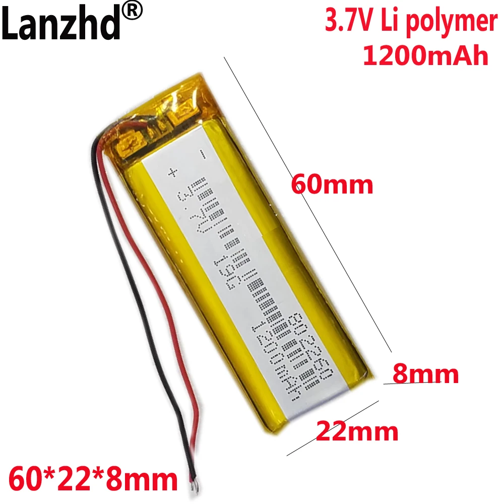 3.7V 1200mAh  Lipo Polymer Battery 802260  For Desk lamp microphone speaker MP3 GPS Navigator DVD Recorder Headset E-book Camera