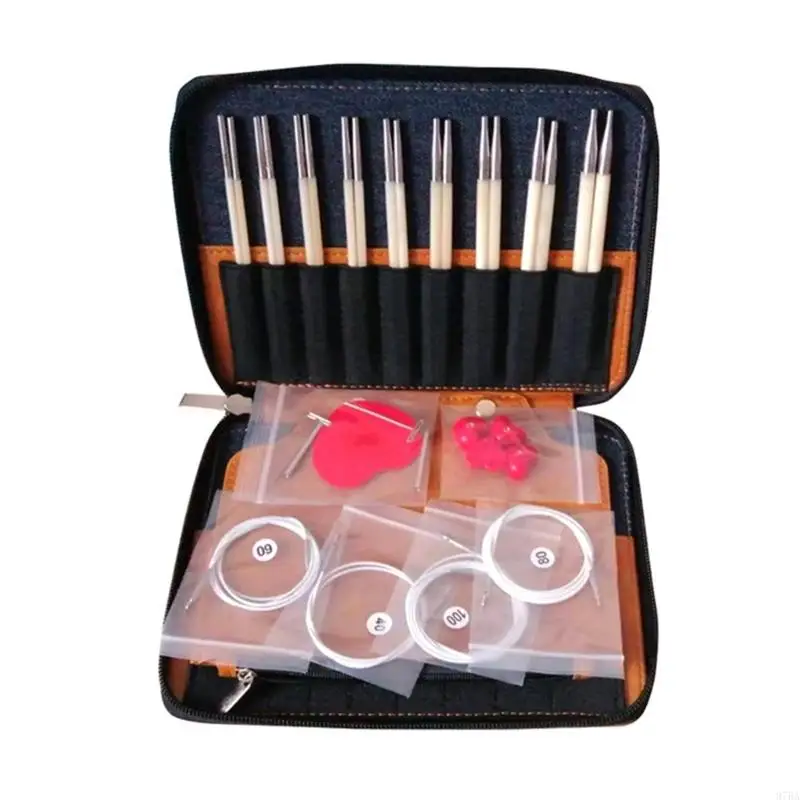 

97BA 9Pairs Aluminum Interchangeable Circular Knitting Needle Set 3.0mm-6.0mm with Leather Case for Knitting Weaving Sweater