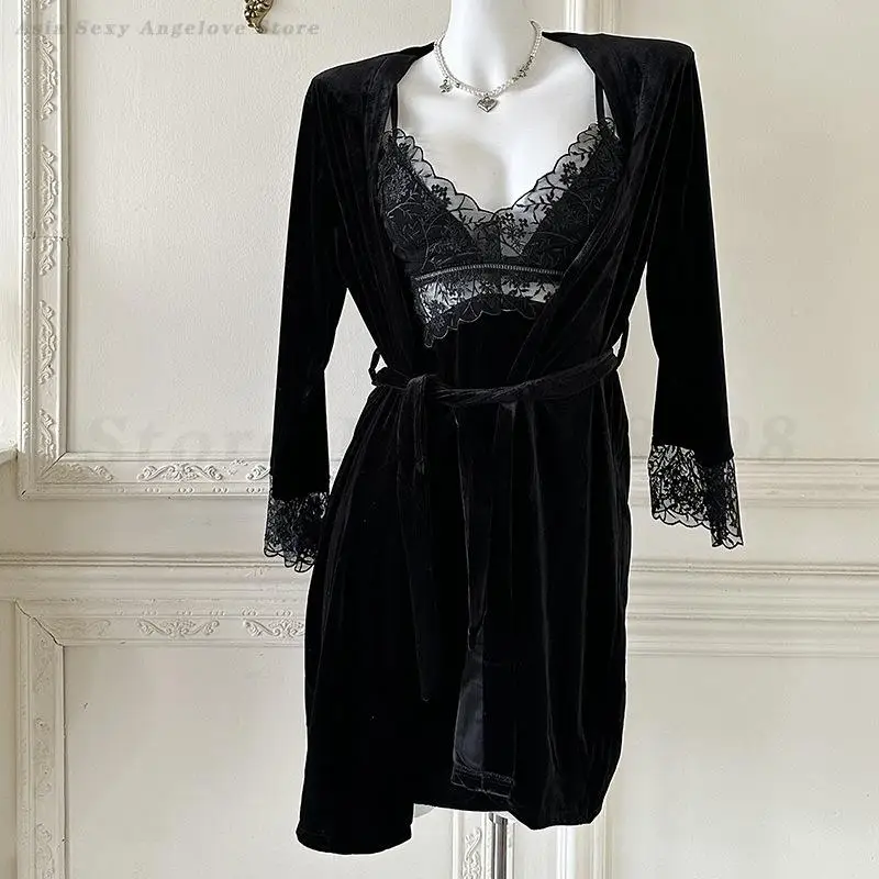 Weibliche Spitze Twinset Robe Set Schwarz Samt Hosenträger Nachthemd Dessous Herbst Bademantel Kimono Kleid Nachtwäsche Lose Hause Kleid