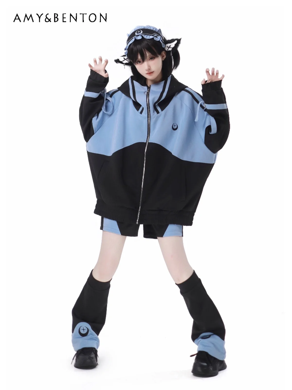 Harajuku Mine Mass-Produced Short Sets Japanese Street Gothic Oversized Hooded Jacket Coat Wide Leg Pants Two-Piece Sets Women