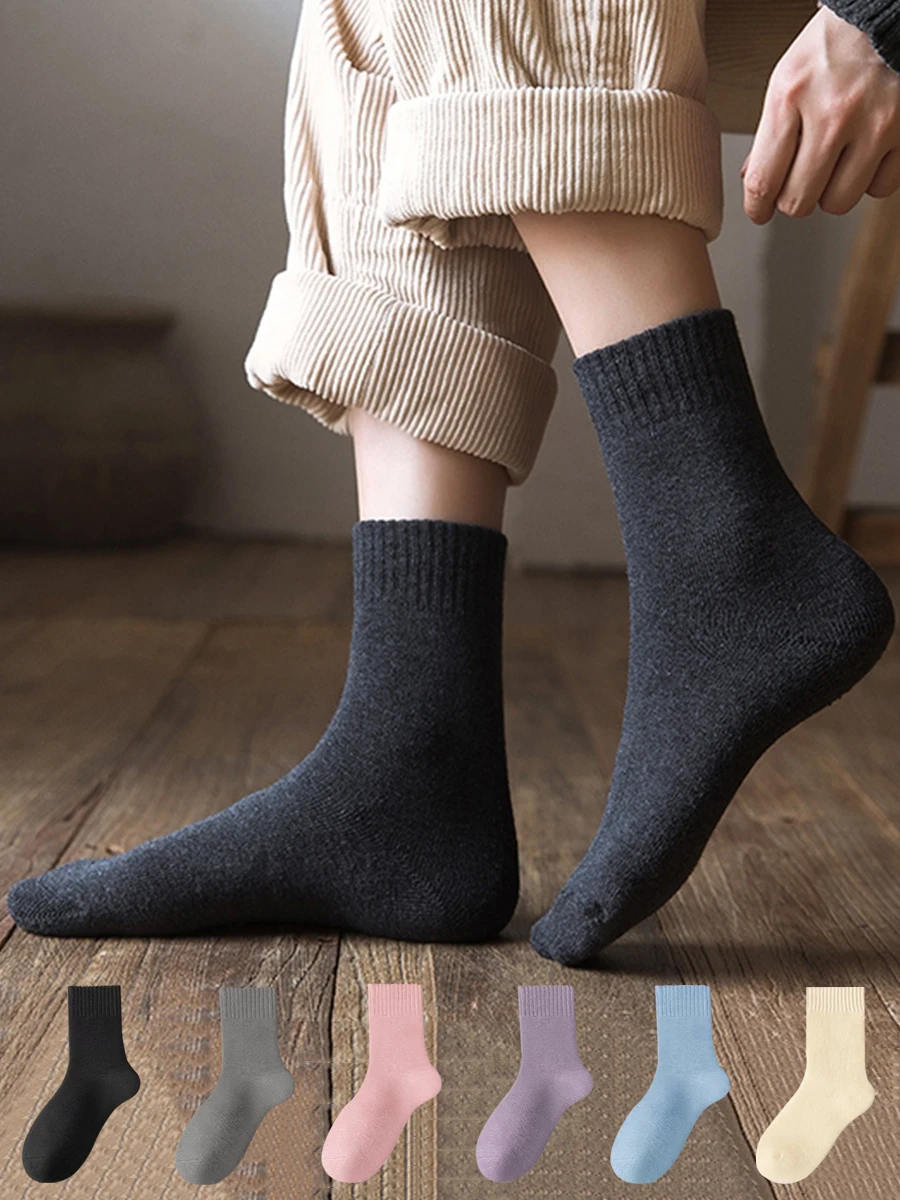 5 Paar warme Damensocken, einfarbig, für Herbst und Winter, dick, bequem, lange Röhrensocken