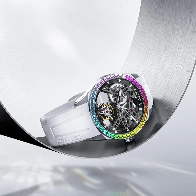 

Часы AGELOCER Tourbillon с радужным безелем, мужские роскошные механические часы-скелетоны с ручным заводом, мужские наручные часы с бриллиантами, сапфировое стекло, в коробке