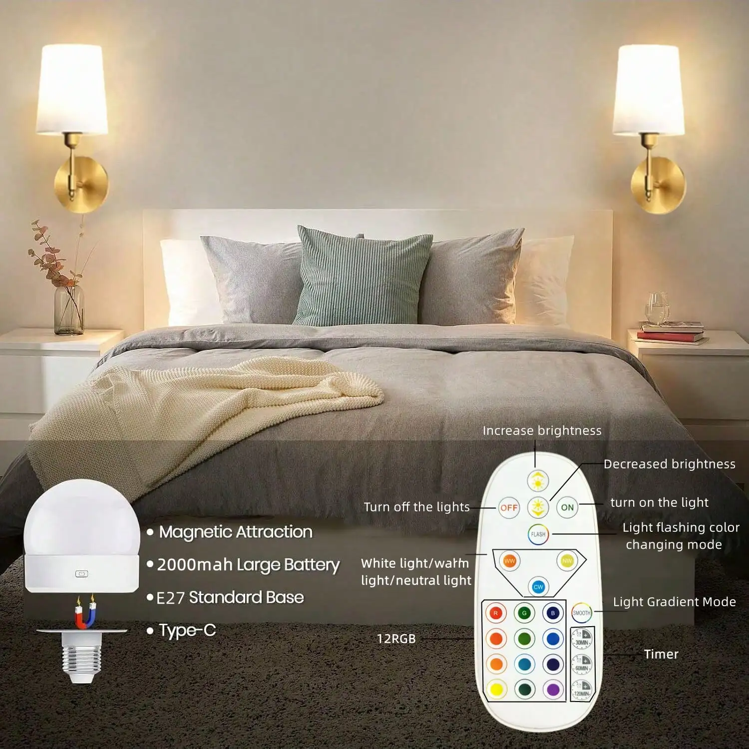 Wireless Rechargeable Battery-Powered Wall Light with 4000 Mah, Dimmable, Detachable Bulb and Remote Control, 15-Color Wireless Wall Lamp, Suitable for Bedroom, Living Room, Hallway Decoration