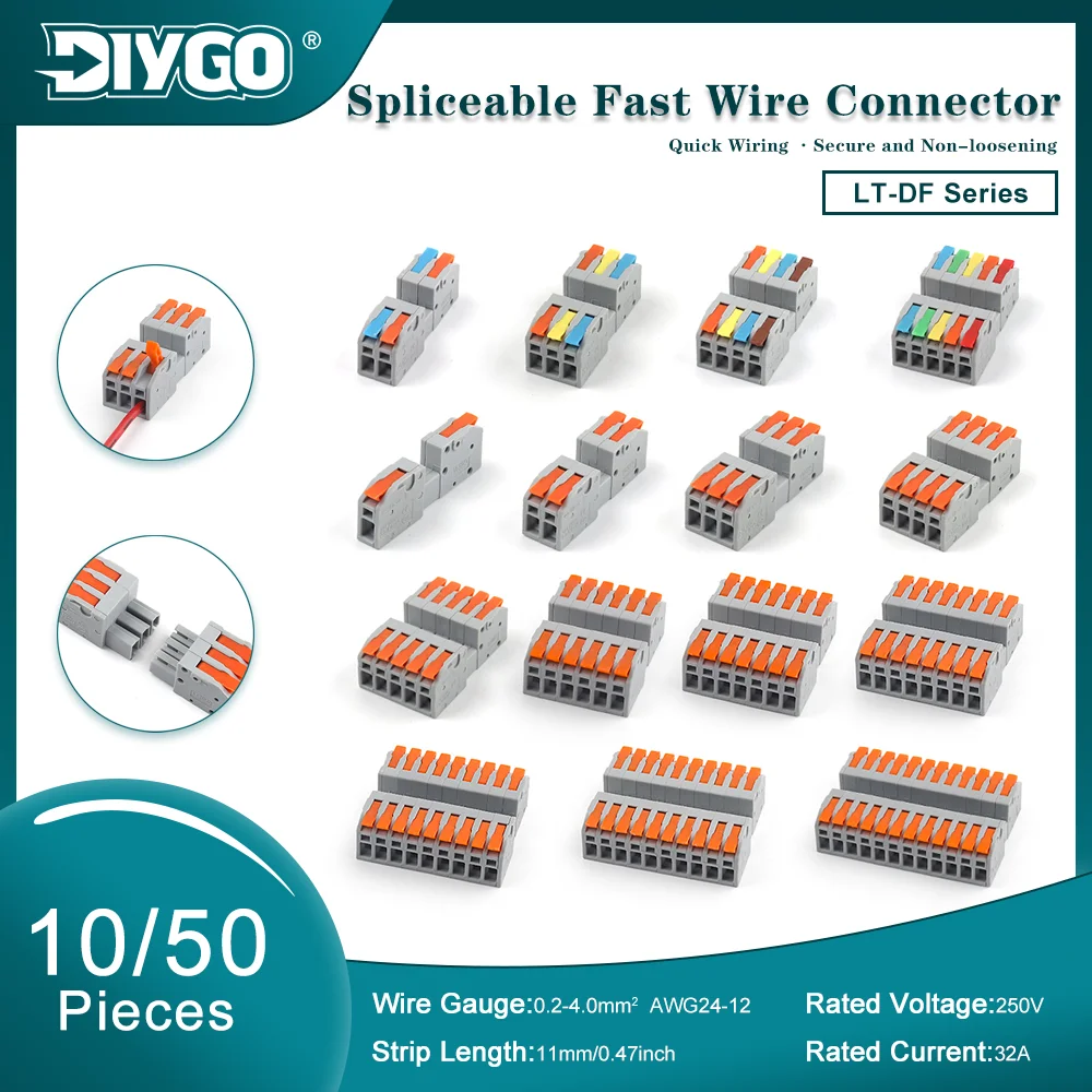 Spliceable Fast Wire Connector 10/50Pcs Push-in Lever Terminal Block AWG24-12 32A Universal Electrical Wiring Cable Connector