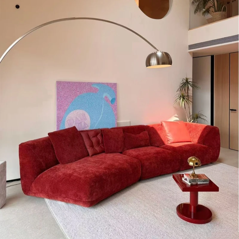 

Italian vintage red chenille velvet fabric sofa small apartment living room special-shaped splicing corner chaise sofa red