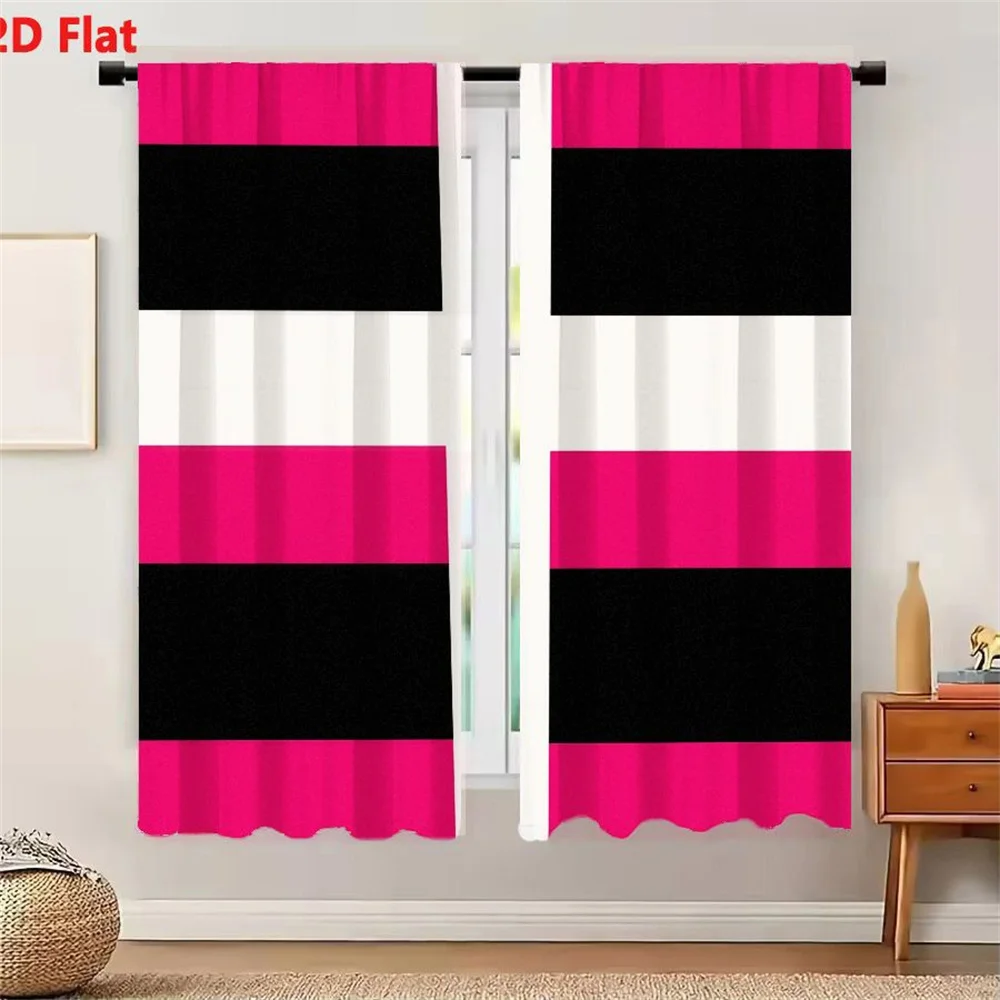 2Pcs Curtains 2D Flat Symmetrical Design With White Cross Dividing Four Quadrants Alternating Horizontal Bright Pink And Black S