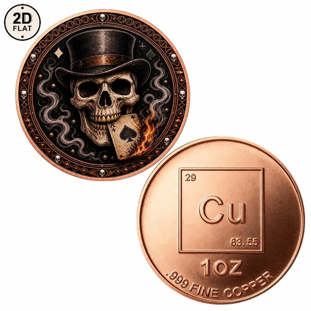 1pc Gothic Skull Top Hat Collectible Coin Smoke Flame Ace Spade Playing Card 1 OZ .999 Copper Token Dark Art Lover Desktop Decor