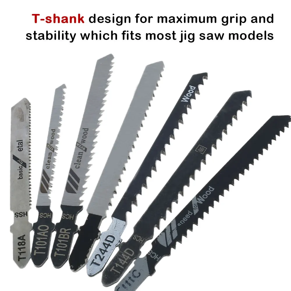 50Pcs Jig Saw Blade Set HCS Assorted Blade T-shank Fast Cut Down Jigsaw Blade Jig Saw Cutter for Thin Metal Wood Plastic Cutting