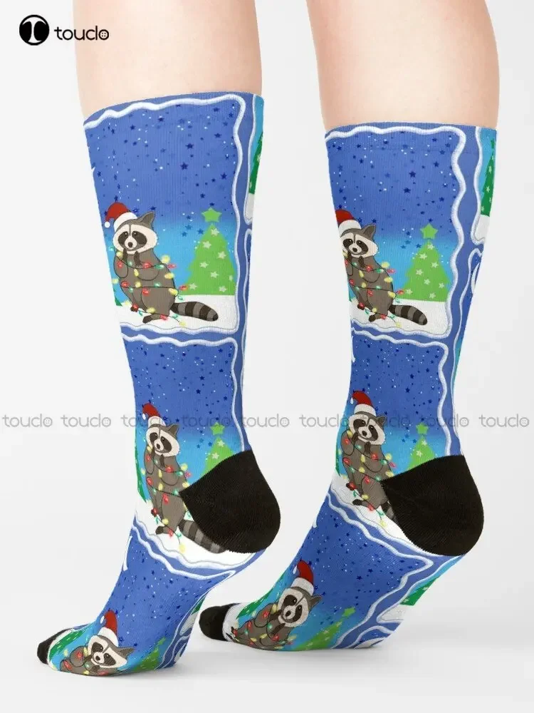 Cute Raccoon Christmas Tree, And Stars, Family Friendly Fun socks
