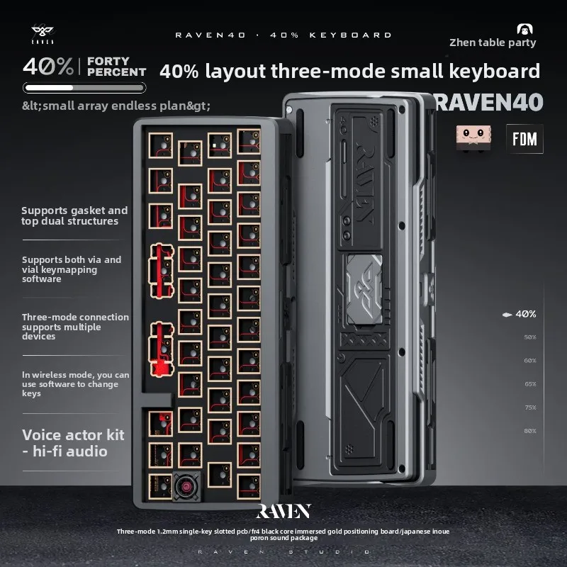 Raven 40% Compact Layout Keyboard Kit VIA/VIAL Key Changing Software Wireless Tri Mode Gasket Structure Mini Mechanical Keyboard
