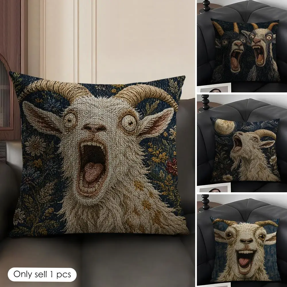 Screaming Goat Funny Design Cushion Cover Natural Linen Organic Fabric Double Sided Print Sofa Pillow Case Home Decor Gift