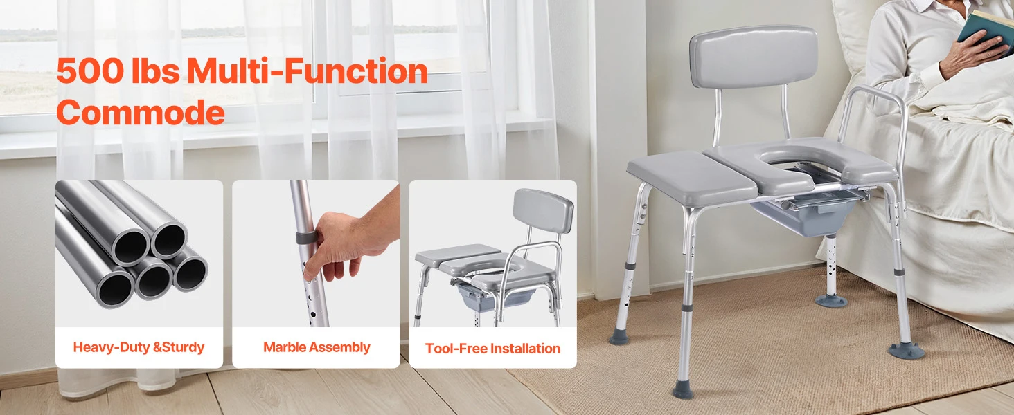 SucceBuy 500 lbs 4-in-1 Bedside Commode Chair with Padded Seat and Backrest Detachable 5L Bucket Adjustable Height for Seniors