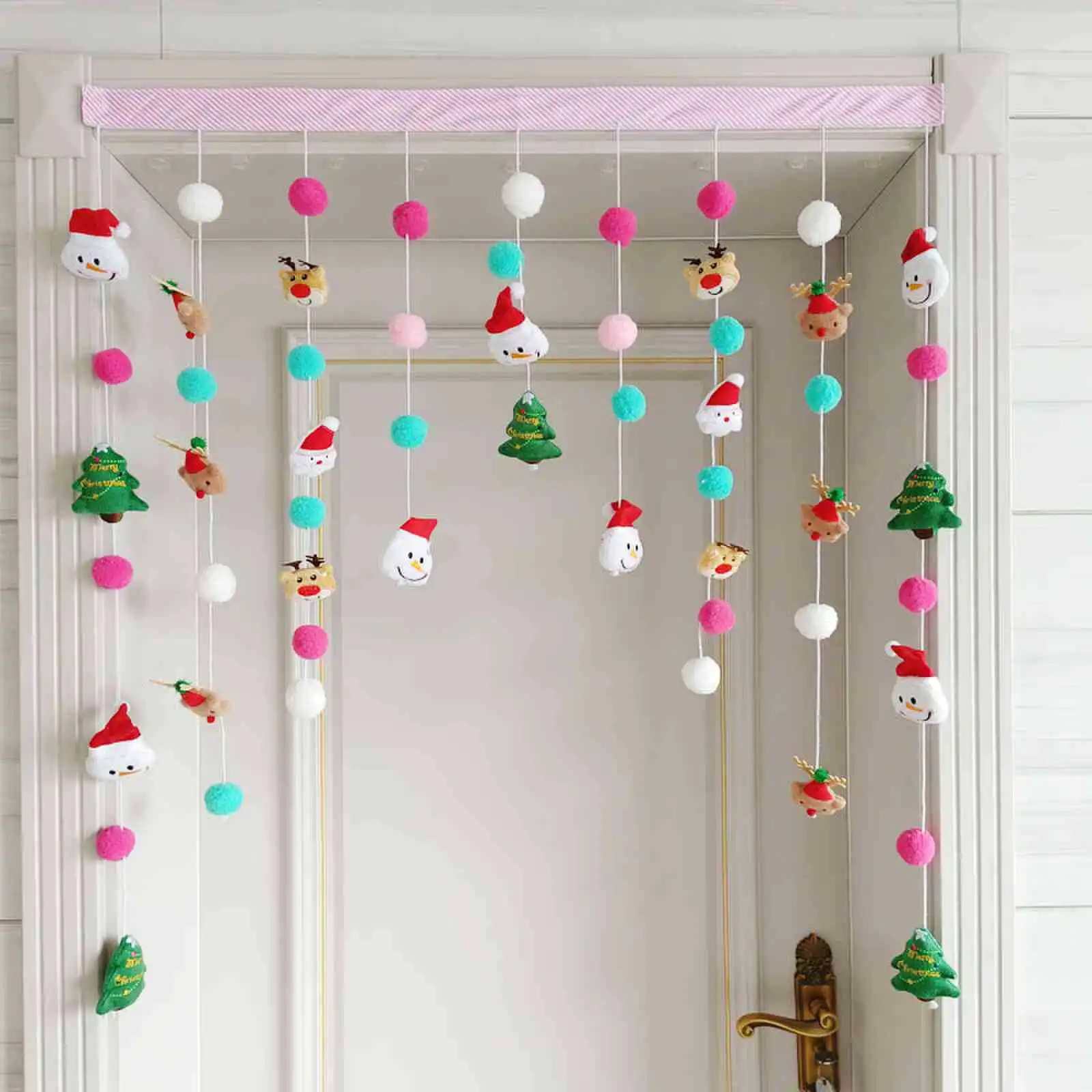 Korean Style Christmas Plush Balls Tassel Door Curtain Xmas Festive Decor for Kitchen Bedroom Living Room Girls