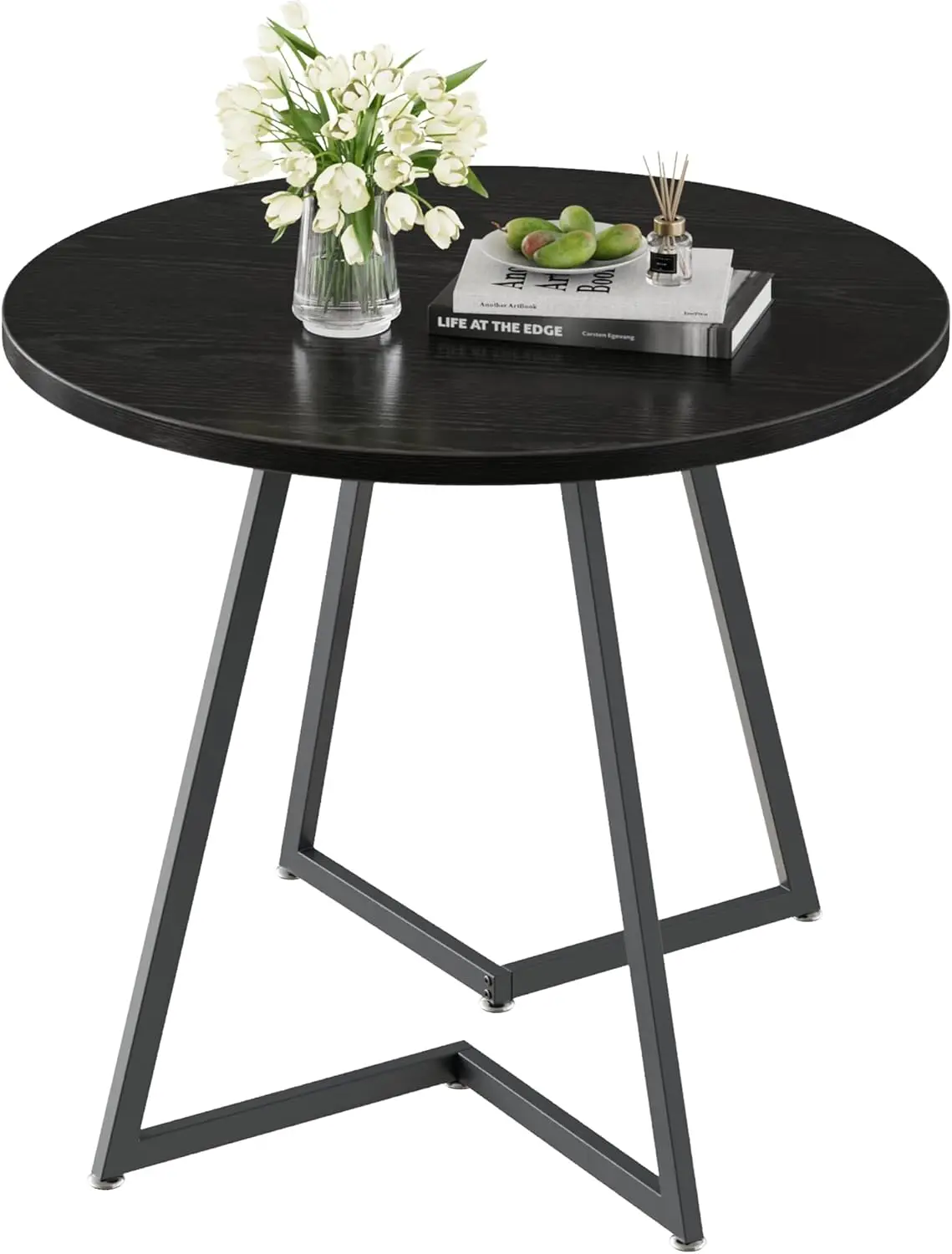 

Round Dining Table with Wood Grain Top and Steel Frame, 2-4 Person, for Kitchen, Living Room, Office