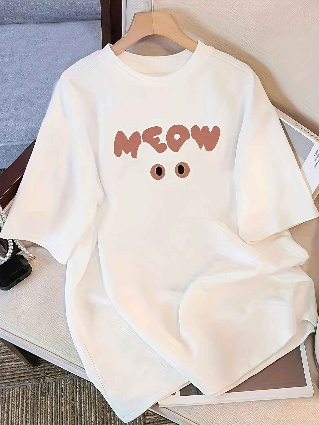 تي شيرت نسائي كاجوال مع جرافيك "MEOW" بأكمام قصيرة ورقبة دائرية لجميع المواسم لملابس غير رسمية صيف 2025 #2
