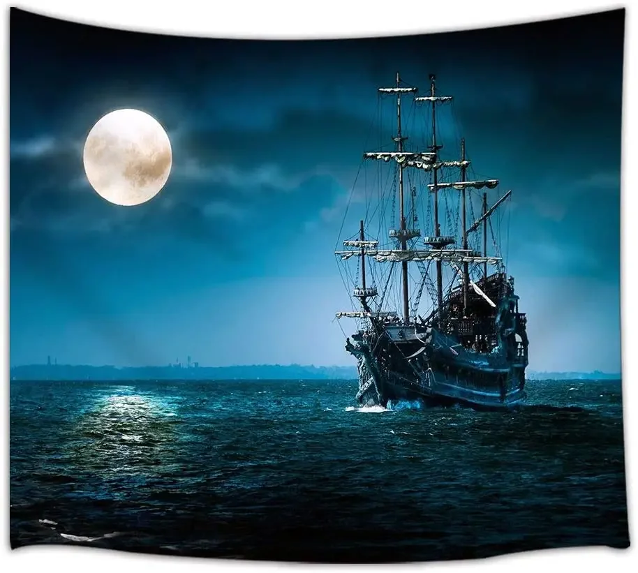 Gothic Decor Tapestry Pirate Ship and Full Moon with Sea Ocean Wall Art Hanging