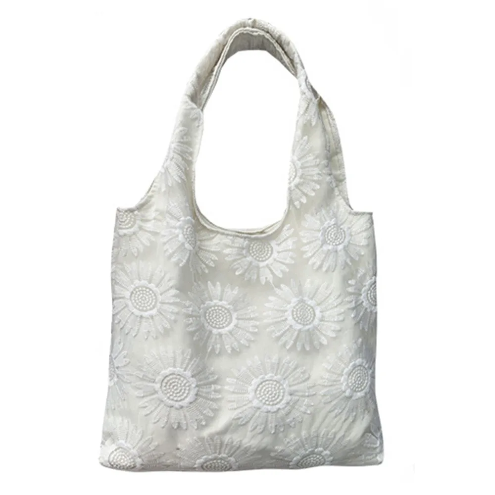 

Sunflower Embroidery Women's Shoulder Bag Soft Lace Solid Color Handbag Large Capacity Spacious Interior Shopping Bags Daily Use
