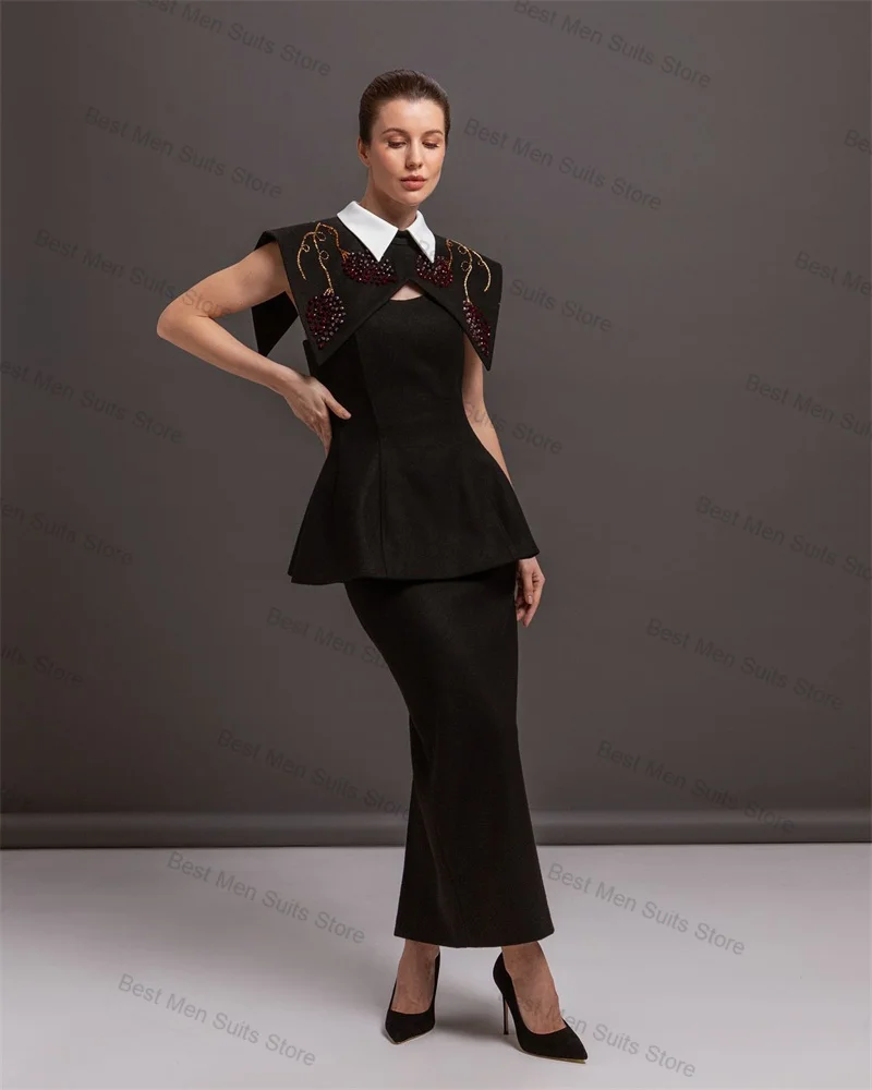 

Crystals Black Women Suit Set 2 Pcs Sleeveless Blazer+Prom Dress Formal Office Jacket Customized Wedding Tuxedo Guest Coat