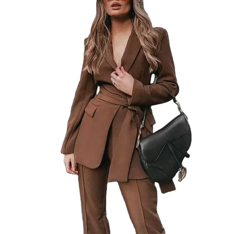 Women Two Piece Pants 2 Pieces Outfits For Women Long Sleeve Blazer With Belt Pocket Lace Work Office Business Lady Casual Suits