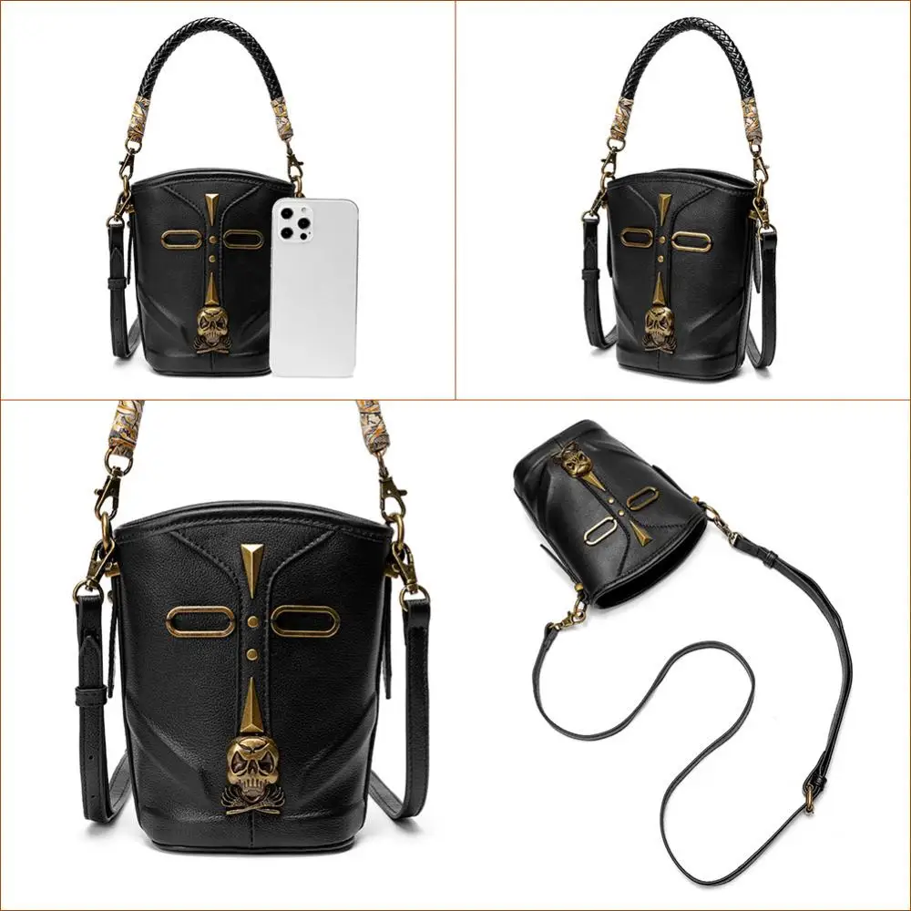 Cow Leather Bucket Bag Vintage Retro Punk Waist Bag Skull Metal Decoratived Single Shoulder Bag Medieval Steampunk Messenger Bag