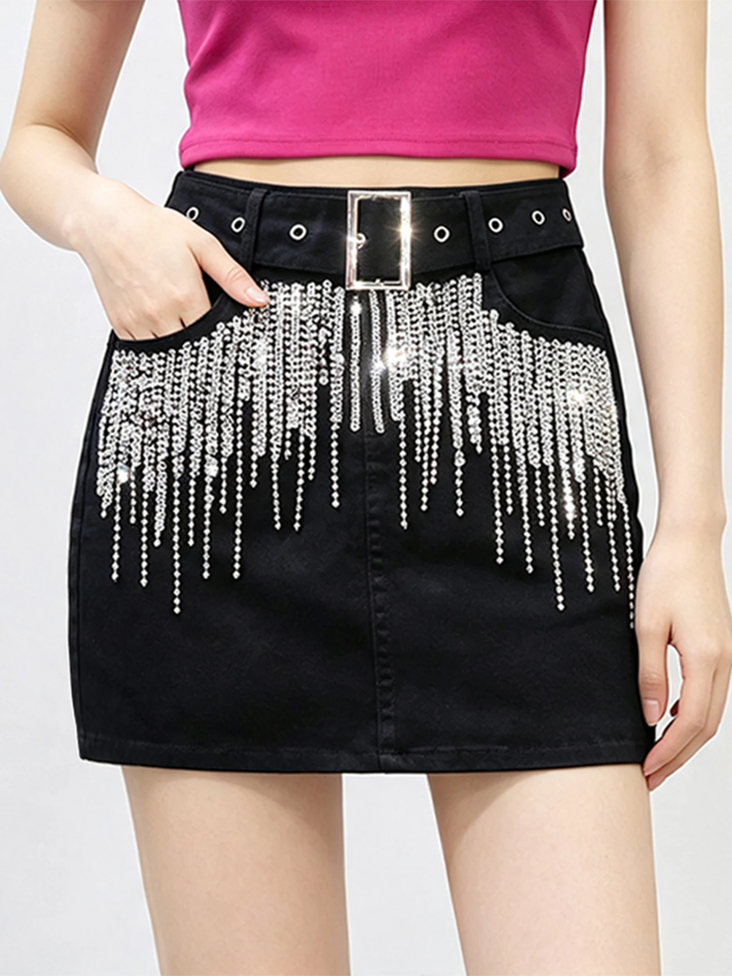 Fashionable High Waist Fringed  Skirt with Sequin Chain for Women Slimming Design Includes Safety Pants Anti-static Cotto...