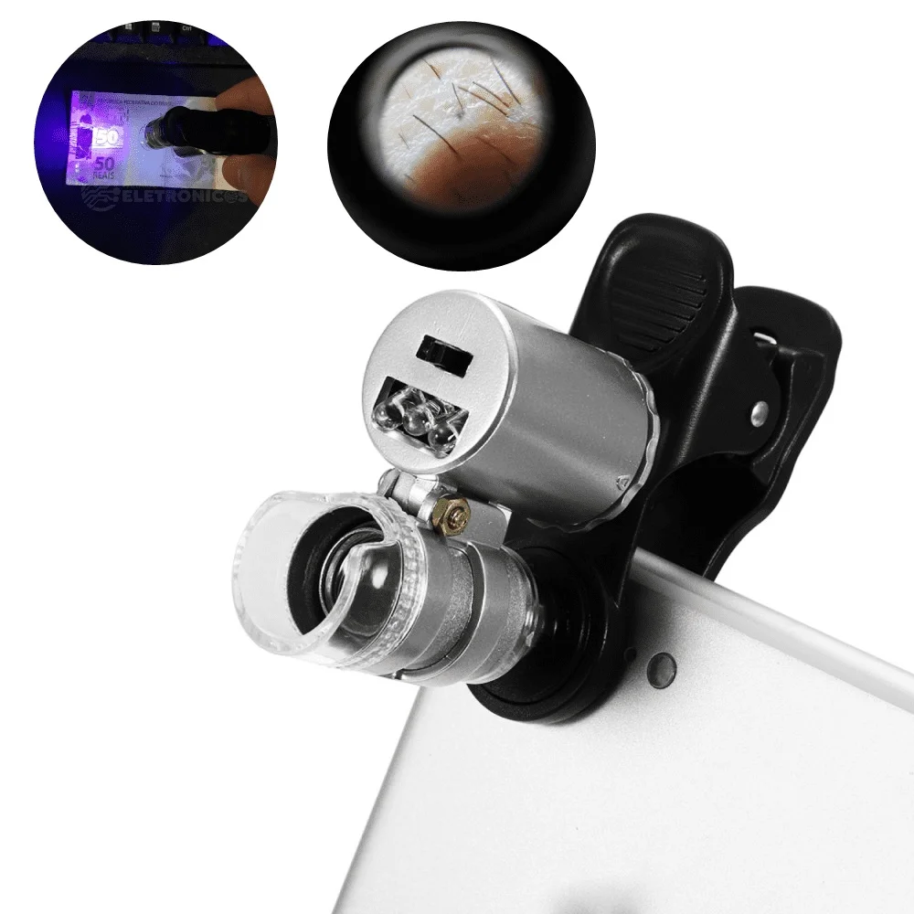 Mini Magnifying Clip Microscope For Mobile Phone Smartphone Zoom Lens 60x LED UV, Anti-counterfeiting 9882W