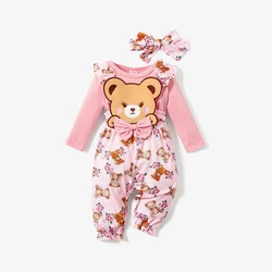 PatPat 2pcs Baby Girl Faux-two Long-sleeve Allover Cartoon Bear Print Pink Bow Front Ruffle Trim Jumpsuit with Headband Set