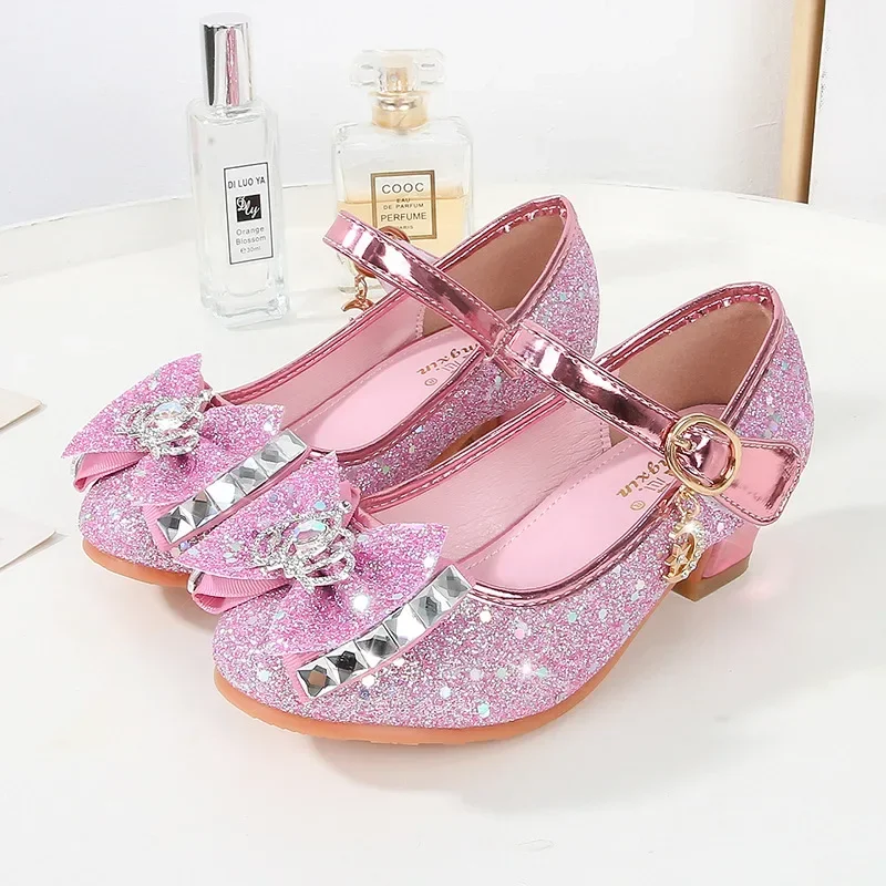 

Children High Heels Elegant Rhinestone Princess Shoes for Girls Glitter Spring Autumn Party Wedding Kids Sequins Leather Shoes