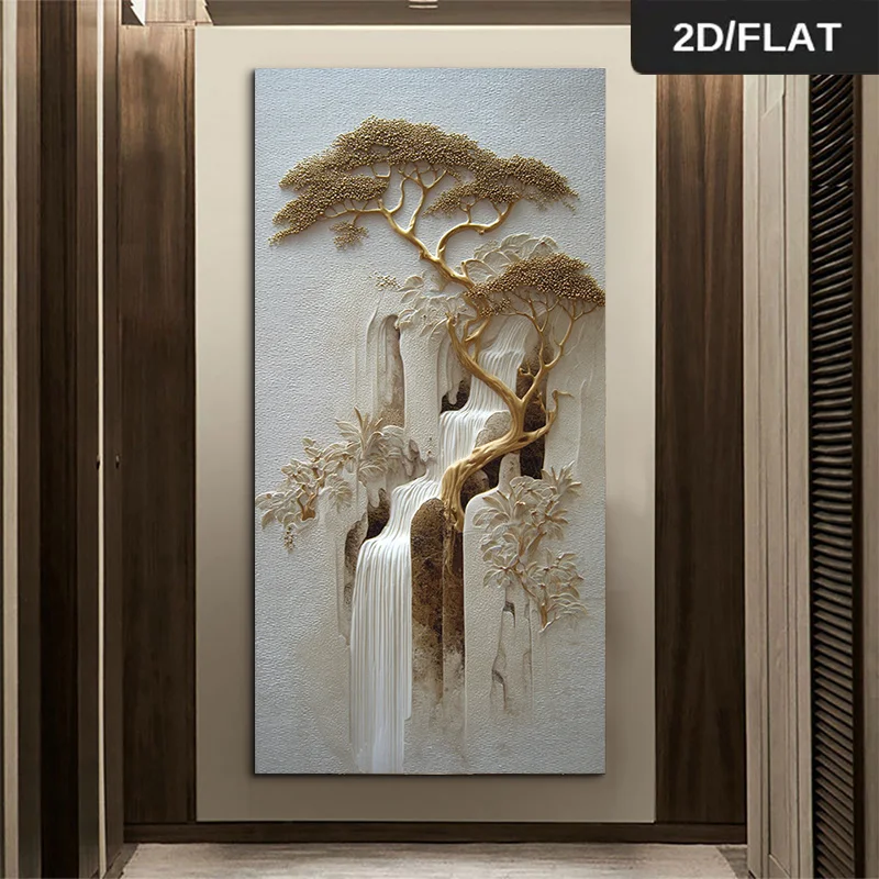 2D Flat Large Modern Golden Trees & Waterfalls in A Forest Canvas Wall Art Frameless Abstract Artorks for Living Rooms Decortion